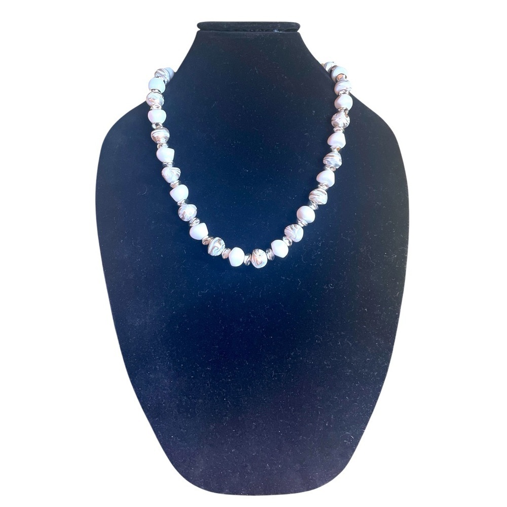Bead Necklace White Gold Swirl Silver Spacer Chunky Retro Jewelry Silver